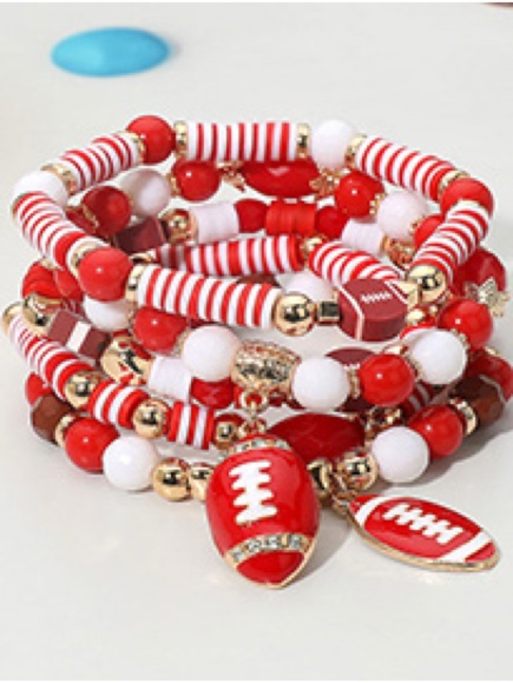 Red and White Football Charm Beaded Bracelet Stack - Women Jewelry Set